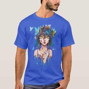 T-shirt Jolie fille de dessin animé avec papillons volants