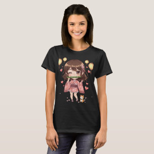 T-shirt Jolie fille japonaise chibi en kimono jouant de la