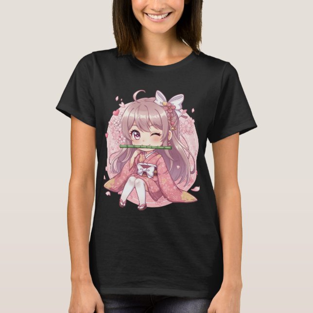 T-shirt Jolie Fille Kawaii Chibi en Kimono Rose avec Ceris (Devant)