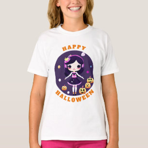 T-shirt Jolie Fille Kawaii dans les Citrouilles Halloween