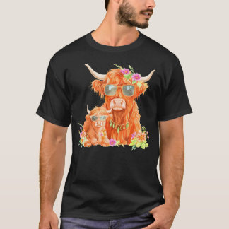 T-shirt Jolie Mama Highland Vache Avec Bébé Calf Boho Flor