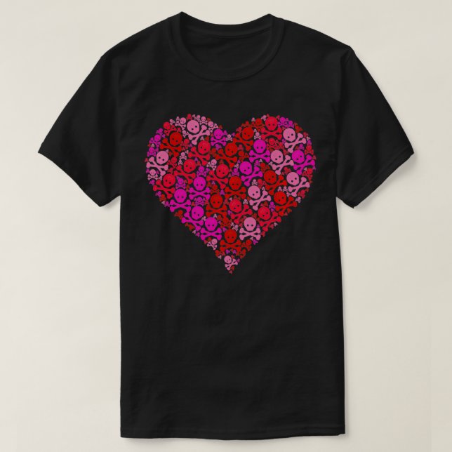 T-shirt Jolly roger Drapeau Crâne rose rouge forme de coeu (Design devant)