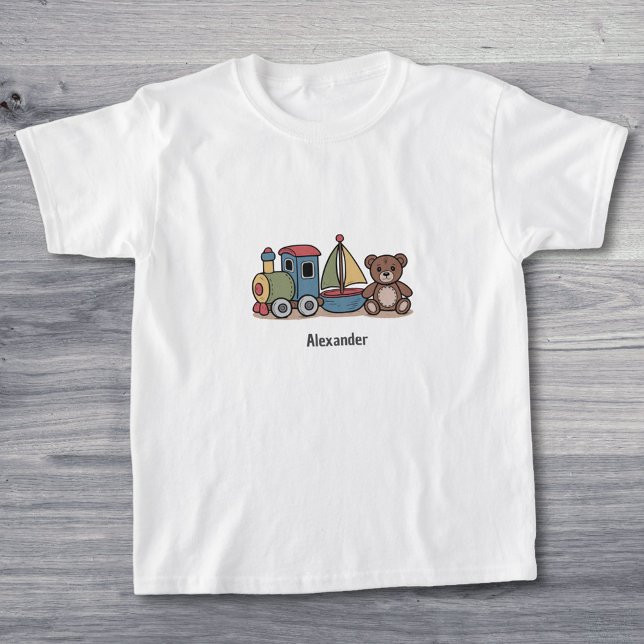 T-shirt Jouets en bois avec train, voilier et ours en pelu (Wooden Toys with train, sailboat, and teddy bear T-Shirt)