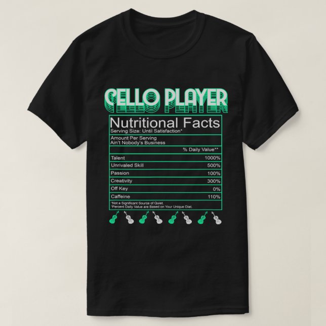 T-shirt Joueur Cello Faits nutritionnels Orchestre Musique (Design devant)