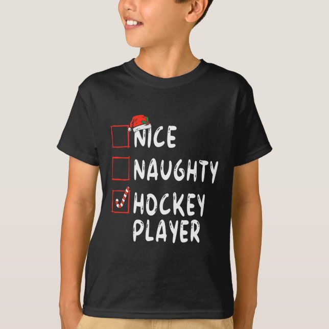 T-shirt Joueur de hockey Naughty Noël Santa Hat Boy (Devant)