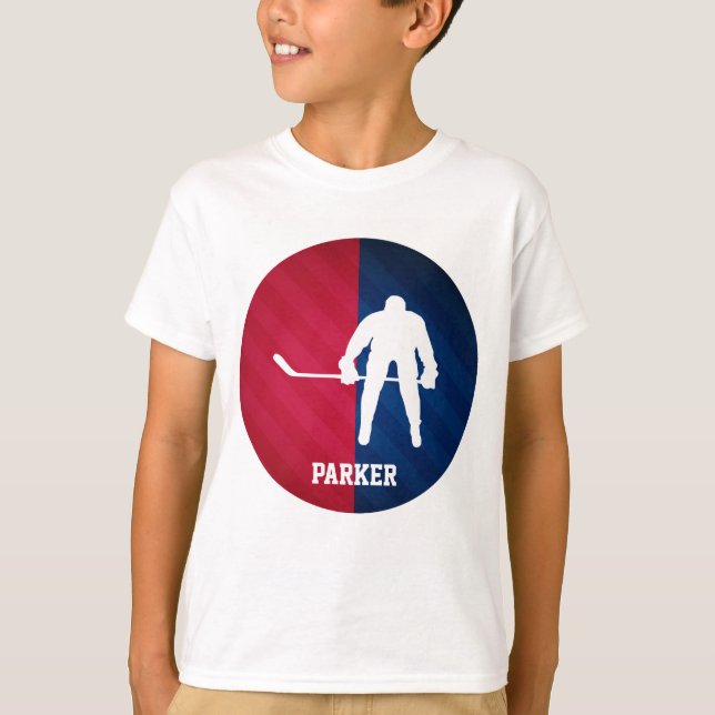 T-shirt Joueur de hockey ; rouge, blanc et bleu (Devant)