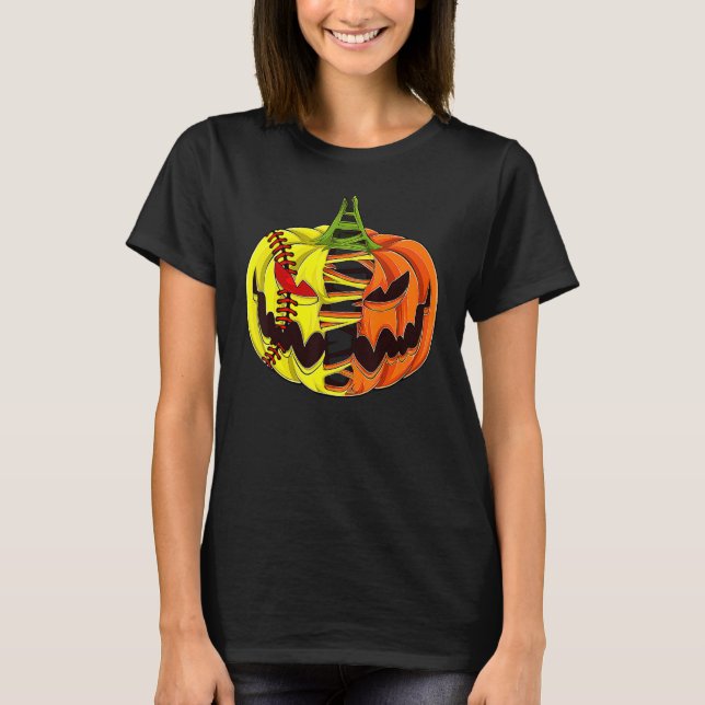 T-shirt Joueur Softball Halloween Citrouille Hommes Garçon (Devant)