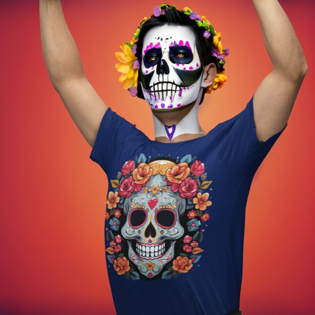 T-shirt Jour des morts ou Halloween Crâne à sucre bleu (Créateur téléchargé)