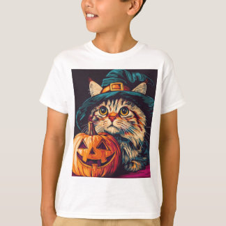 T-shirt Jour d'Halloween Sorcière Chat Citrouille hallowee