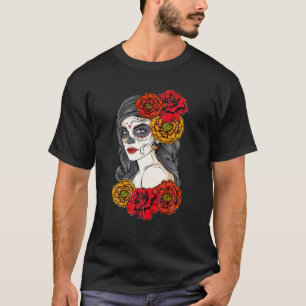 T-shirt Jour Du Crâne De Sucre De La Fleur Tatouée Morte