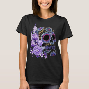 T-shirt Jour noir floral pourpre de crâne de sucre des
