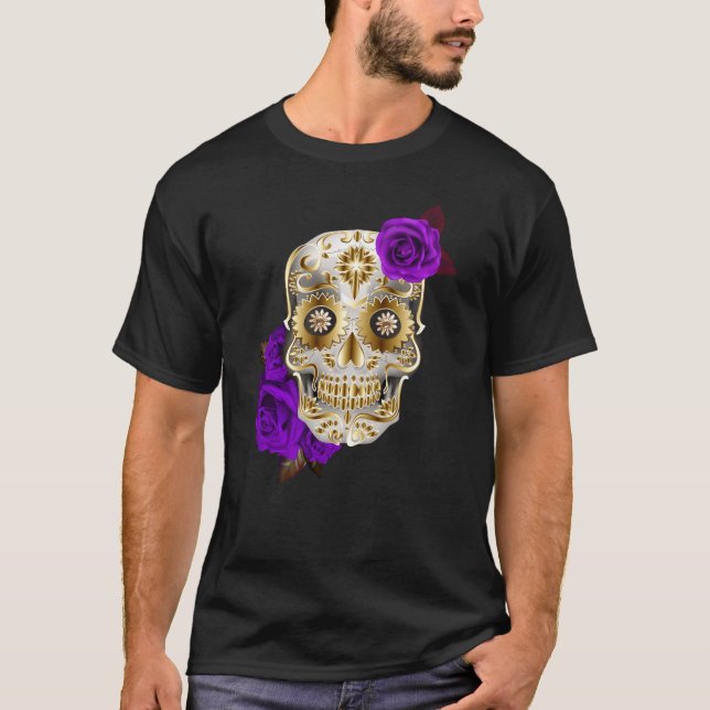 T-shirt Jour Unique Du Crâne De Sucre Des Roses Violets Mo (Devant)