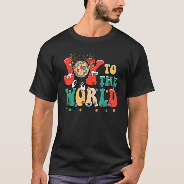 T-shirt Joy To The World Reindeer Disco Ball Christmas Hol (Devant)