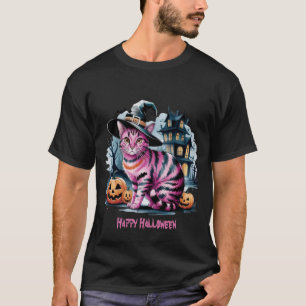 T-shirt Joyeuse Nuit de Halloween sous la Lune Rose Chat M