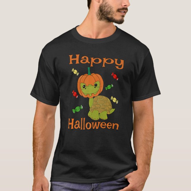 T-shirt Joyeuse tortue d'Halloween avec casque Citrouille  (Devant)