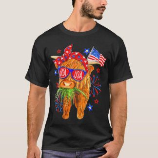 T-shirt Joyeuse vache 4 juillet Highland avec drapeau amér