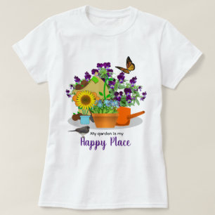 T-shirt Joyeuses Fleurs de Jardin Oiseau et Papillon blanc