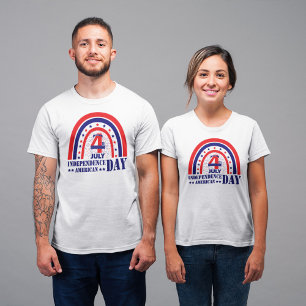 T-shirt Joyeux 4 juillet blanc rouge et bleu Boho design