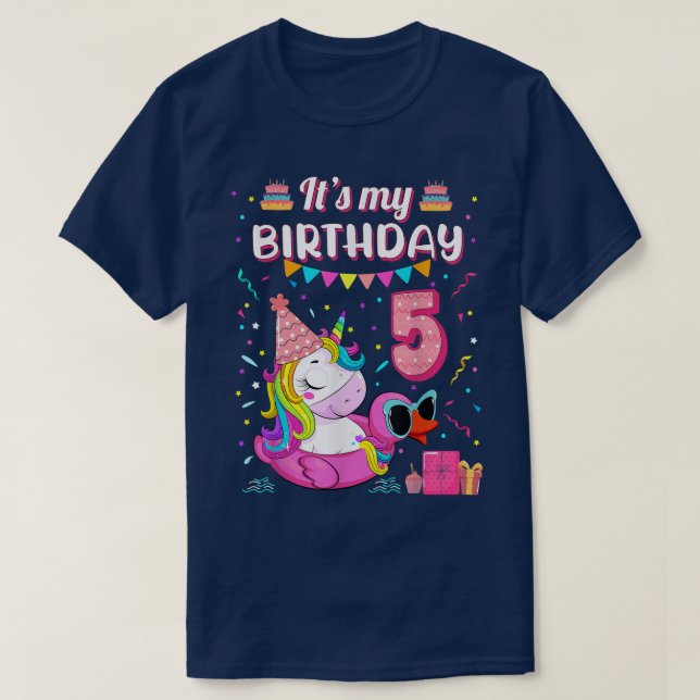 T-shirt Joyeux 5e anniversaire fille Unicorn Canard Float  (Design devant)