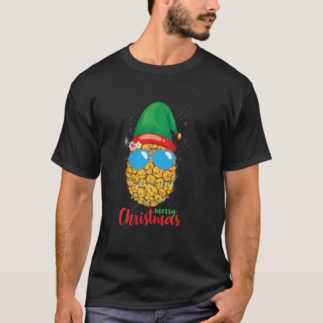 T-shirt Joyeux ananas de Noël Santa Hat Lumière Amusante X (Devant)