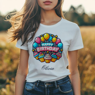 T-shirt Joyeux Ballons colorés et Cupcakes d'anniversaire