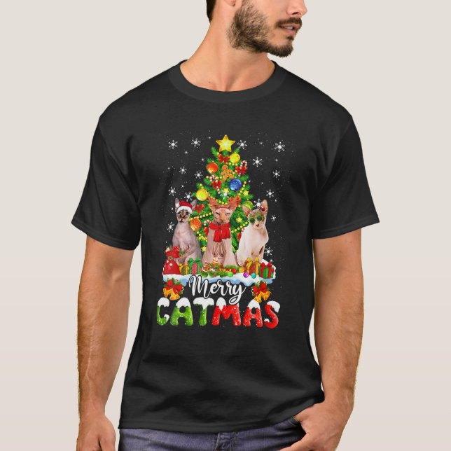 T-shirt Joyeux Catmas Sphynx Chat Père Noël Noël Arbre de  (Devant)