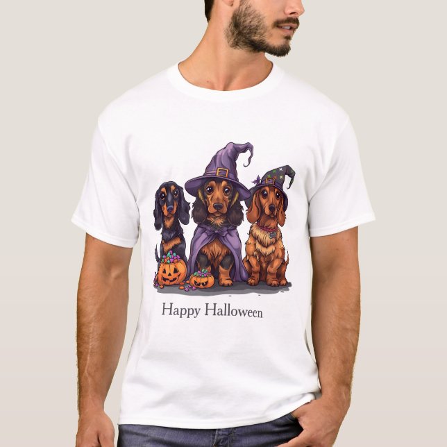 T-shirt Joyeux Chiens sorciers Halloween Dachshund (Devant)