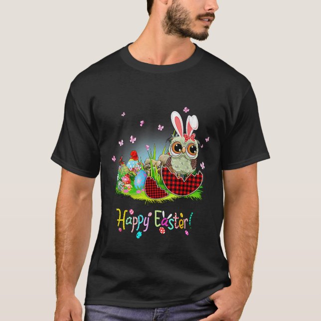 T-shirt Joyeux chouette de Pâques Bunny oreille rouge Plai (Devant)