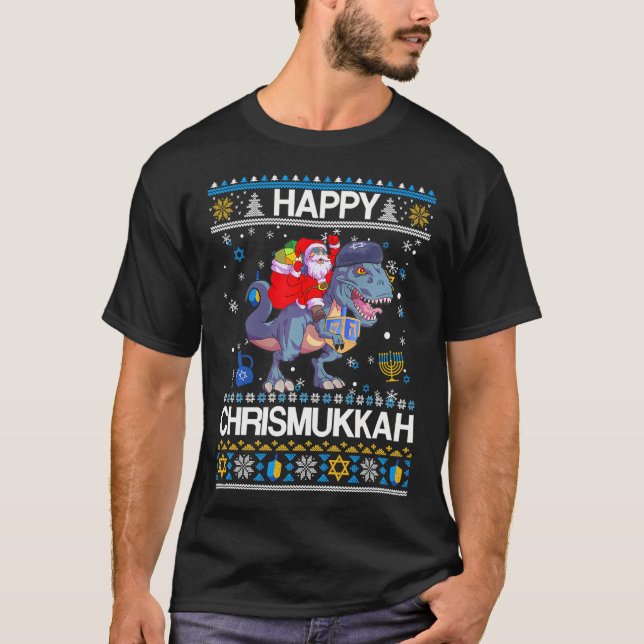 T-shirt Joyeux Christmukkah Père Noël Riding Dinasour Happ (Devant)