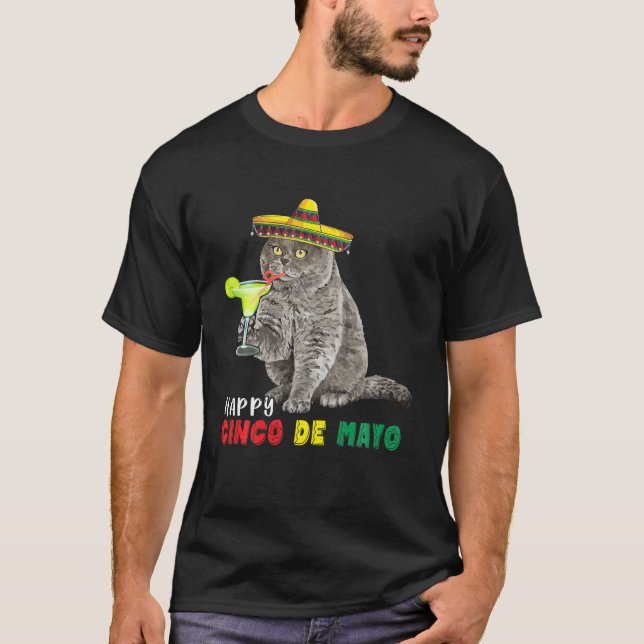 T-shirt Joyeux Cinco De Mayo Chat Boire Margarita Flamme (Devant)