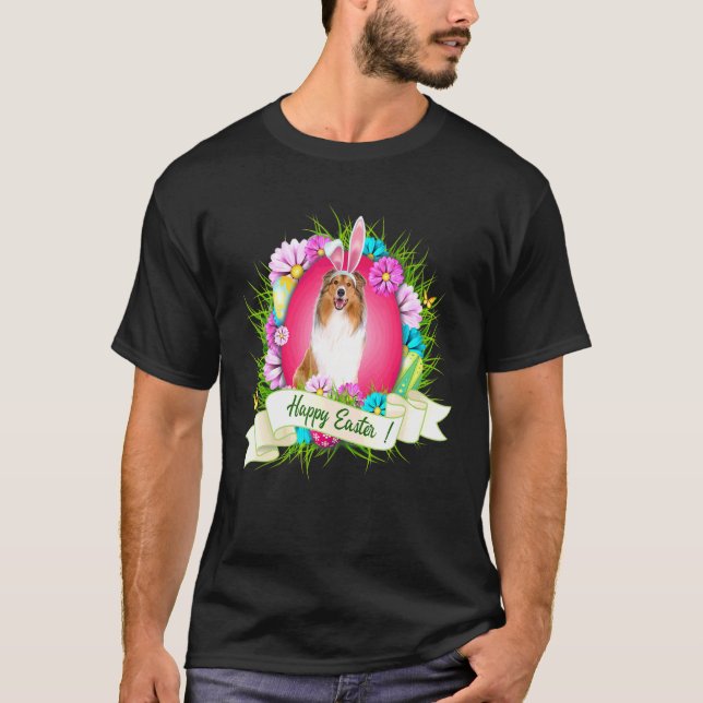 T-shirt Joyeux collie rugueux de Pâques portant des oeufs  (Devant)
