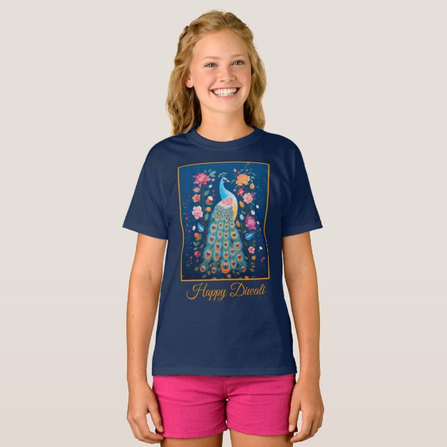 T-shirt Joyeux Diwali Peacock & Flowers (Devant entier)