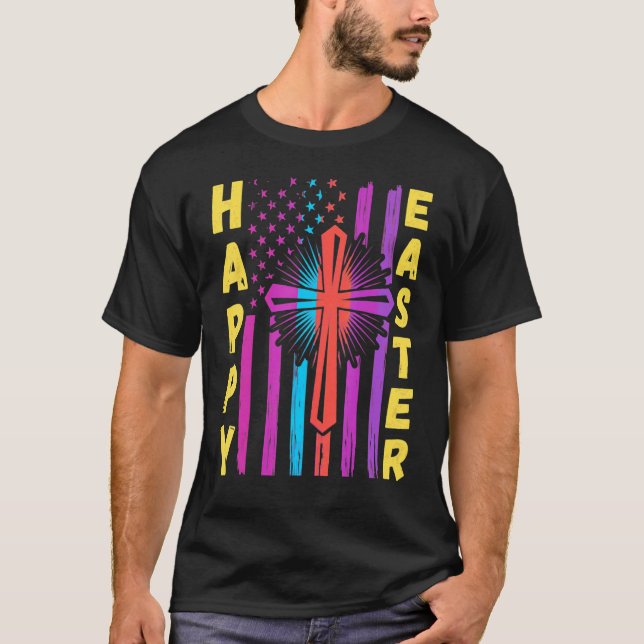 T-shirt Joyeux drapeau chrétien de Pâques Jésus Croix Prin (Devant)