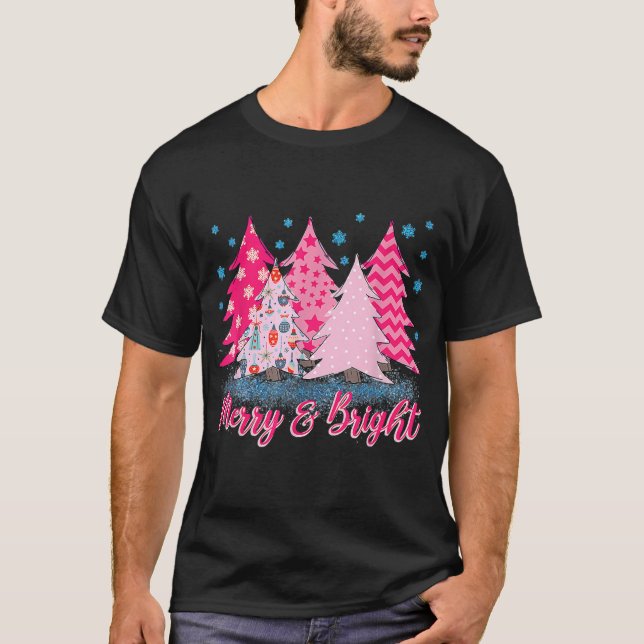 T-shirt Joyeux et rose vif Arbre de Noël rose (Devant)