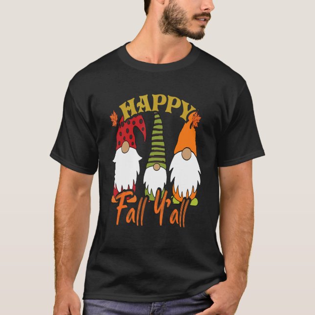 T-shirt Joyeux Gnomes Citrouille Automne Happy Fall Y'all  (Devant)