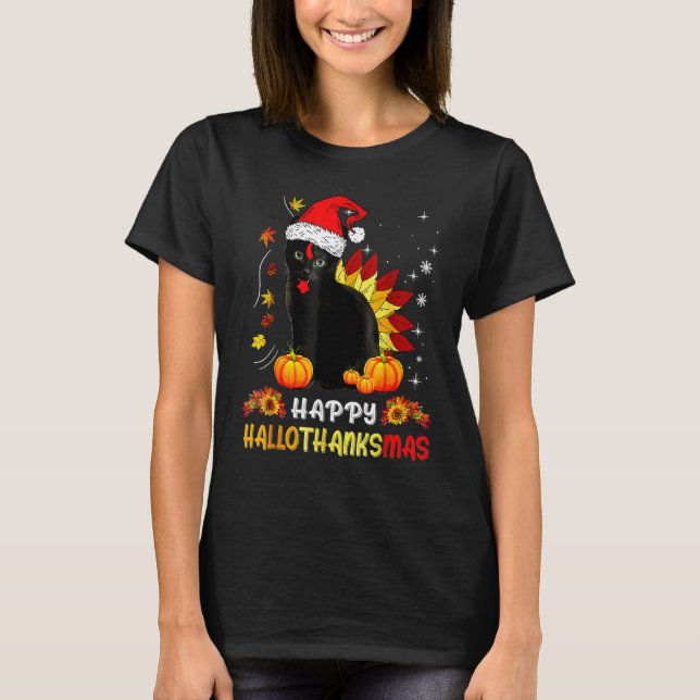 T-shirt Joyeux Hallothanksmas Chat Noir Halloween Thanksgi (Devant)