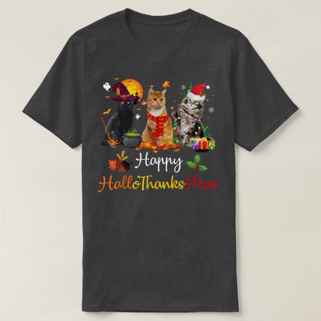 T-shirt Joyeux Hallothanksmas Chats Lover Halloween Joyeux (Design devant)