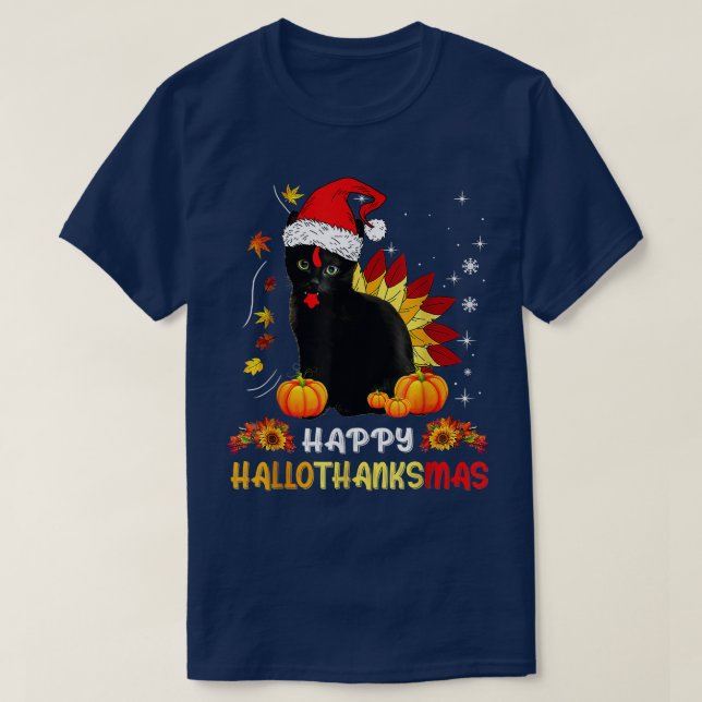 T-shirt Joyeux Hallothanksmas Chemise Chat Noir Halloween  (Design devant)