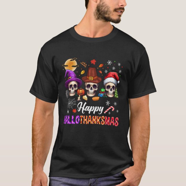 T-shirt Joyeux Hallothanksmas Crâne Halloween Thanksgiving (Devant)