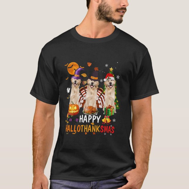 T-shirt Joyeux Hallothanksmas Golden Retriever Halloween L (Devant)