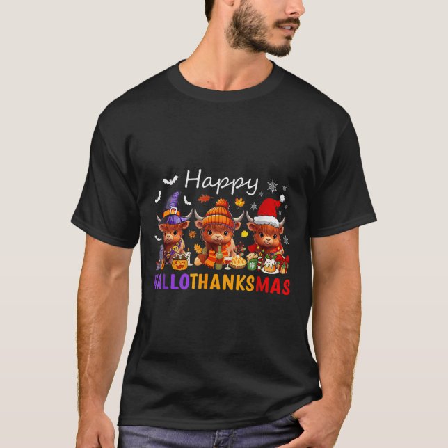 T-shirt Joyeux Hallothanksmas Highland Cow Halloween Joyeu (Devant)