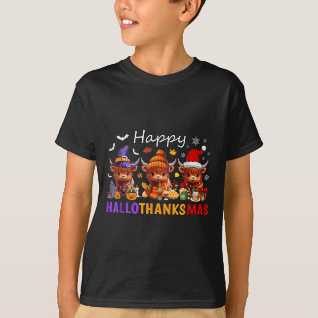 T-shirt Joyeux Hallothanksmas Highland Cow Halloween Joyeu (Devant)