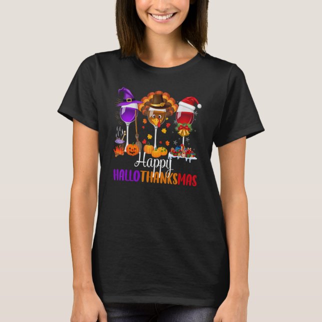 T-shirt Joyeux Hallothanksmas Vins Lunettes Boire Hallowe (Devant)