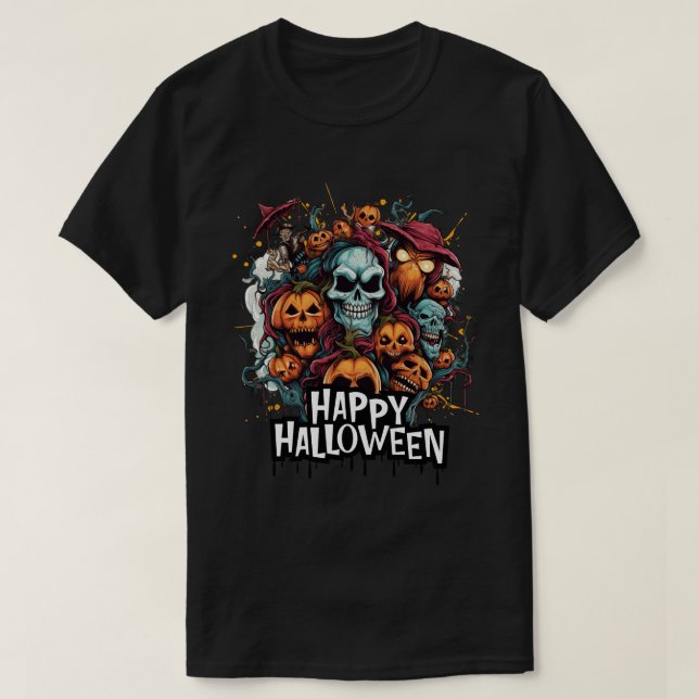 T-shirt Joyeux Halloween avec des crânes, des Citrouilles  (Design devant)