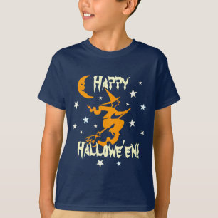 T-shirt Joyeux Halloween Sorcière sur Balai Étoiles Lune O