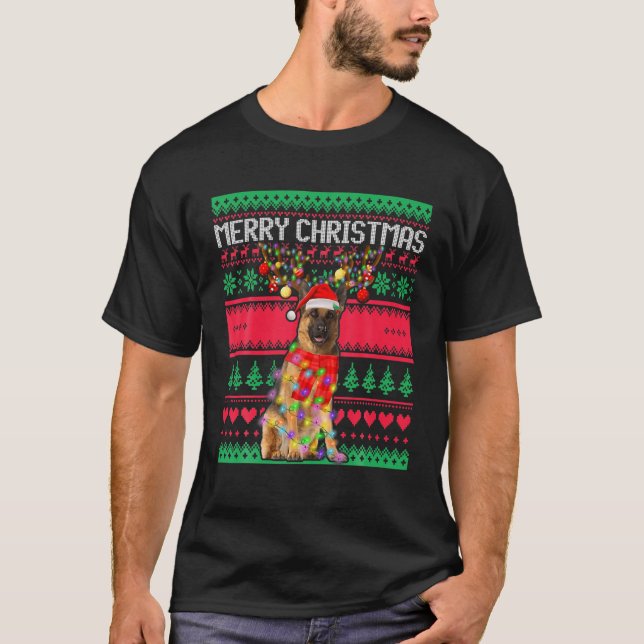 T-shirt Joyeux Noël allemand berger Reindeer éclairage (Devant)