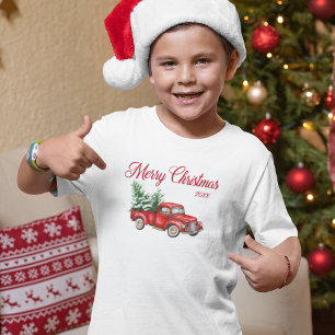 T-shirt Joyeux Noël Aquarelle Vintage Camion rouge
