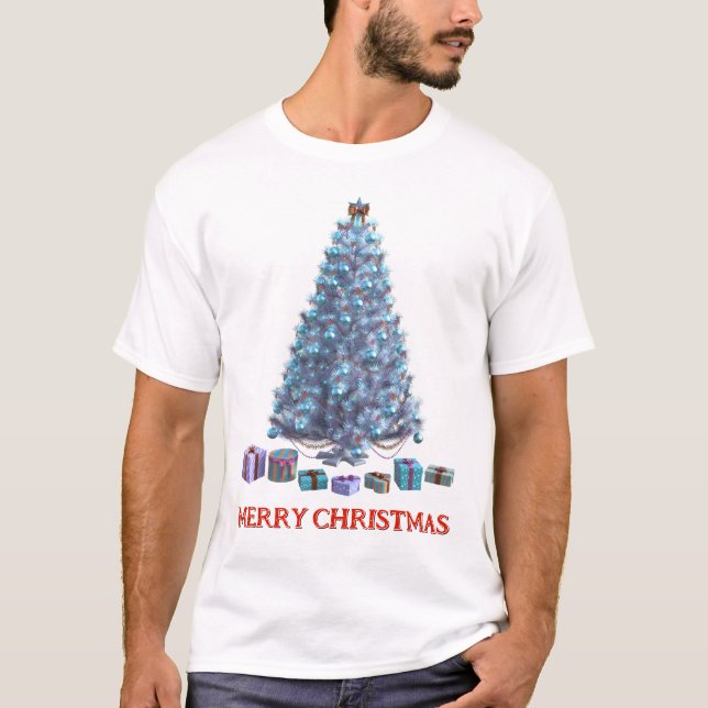 T-shirt Joyeux Noël. Arbre (conception 2) avec cadeaux (Devant)