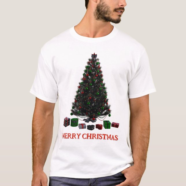 T-shirt Joyeux Noël. Arbre (conception 5) avec cadeaux (Devant)