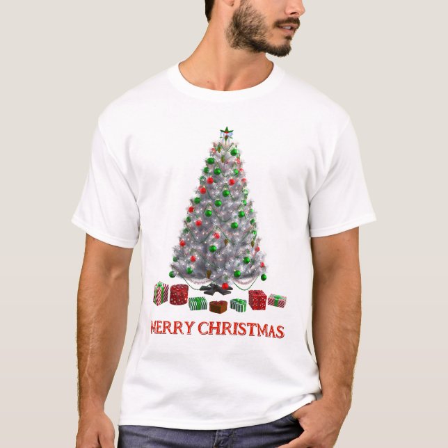T-shirt Joyeux Noël. Arbre (conception 6) avec cadeaux (Devant)